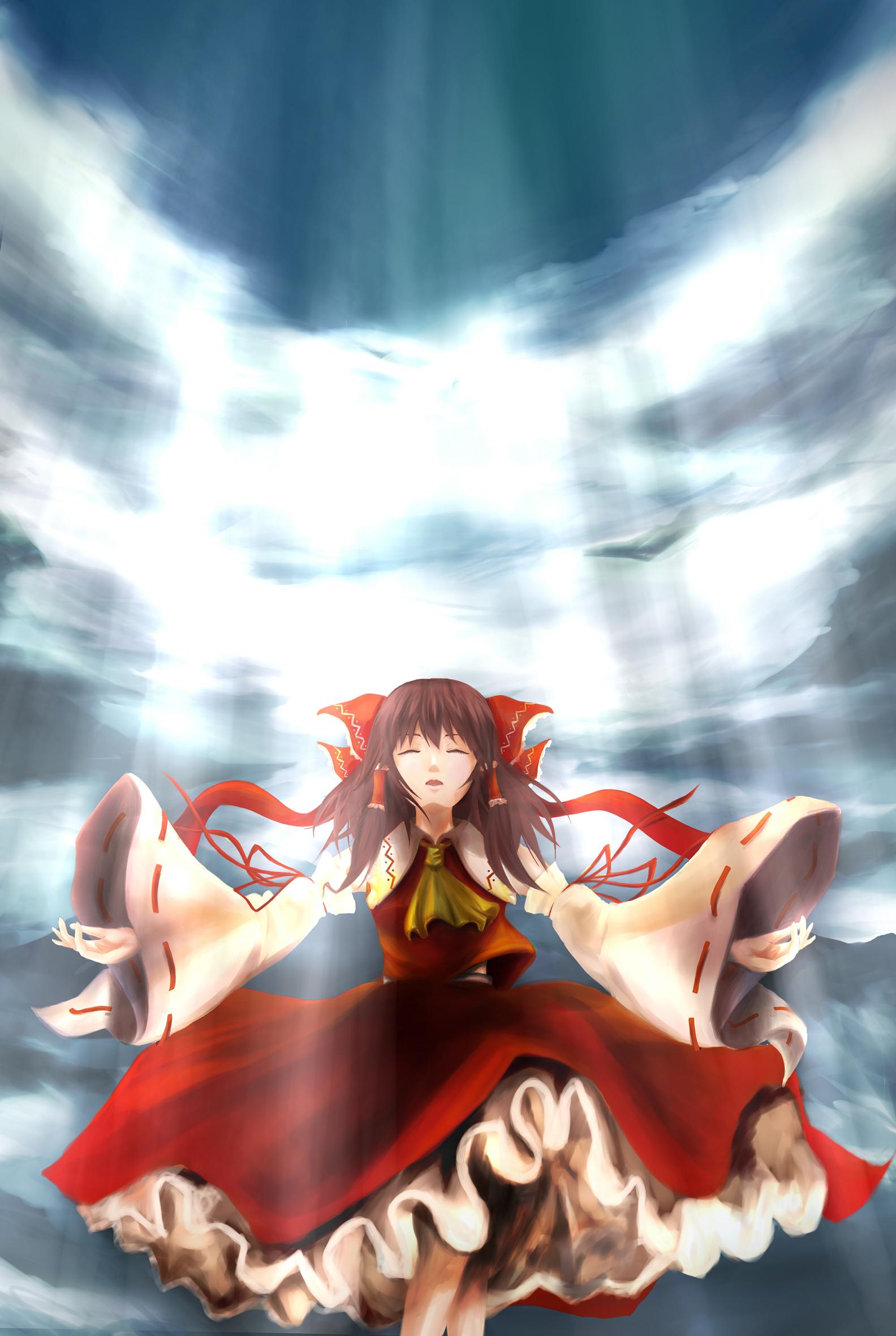 asparagus (peaceibakei), peaceibakei, hakurei reimu, touhou, highres, 1girl, black hair, bow, closed eyes, day, detached sleeves, female focus, hair bow, japanese clothes, miko, outstretched arms, sky, solo, spread arms