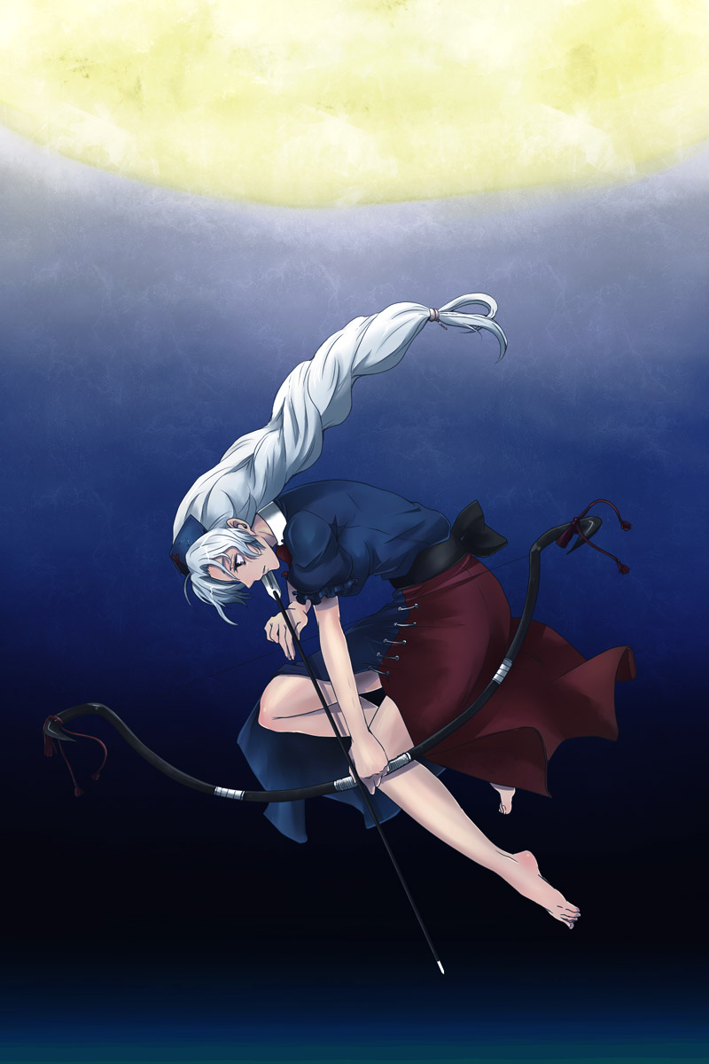yokomichi, yagokoro eirin, touhou, silver hair, highres, 1girl, arrow (projectile), barefoot, bow (weapon), braid, feet, female focus, full body, gradient background, long hair, moon, night, outdoors, sky, solo, weapon