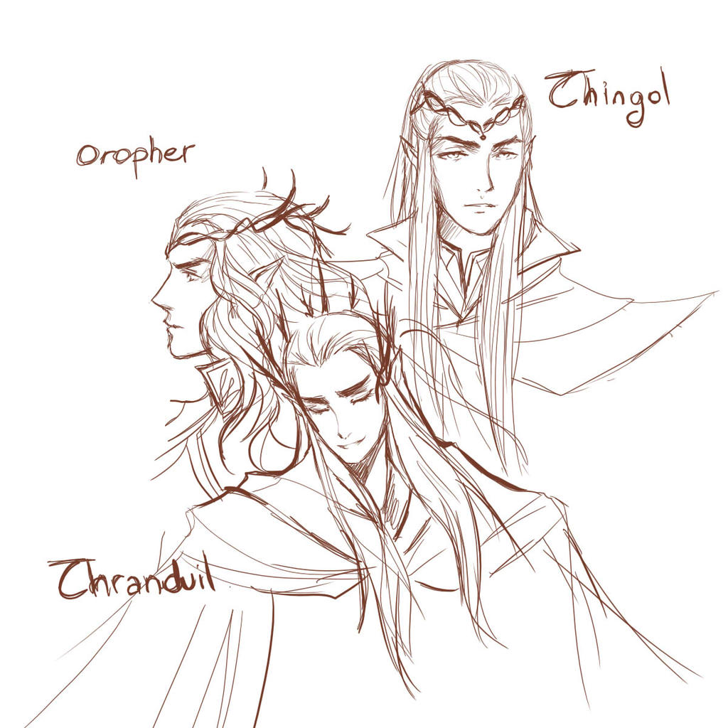 namistaivanbuuren, oropher, thingol, thranduil, the hobbit, the silmarillion, tolkien's legendarium, 3boys, character name, circlet, closed eyes, closed mouth, crown, elf, eyelashes, father and son, high collar, king, long hair, male focus, multiple boys, parted lips, pointy ears, profile, sketch, upper body