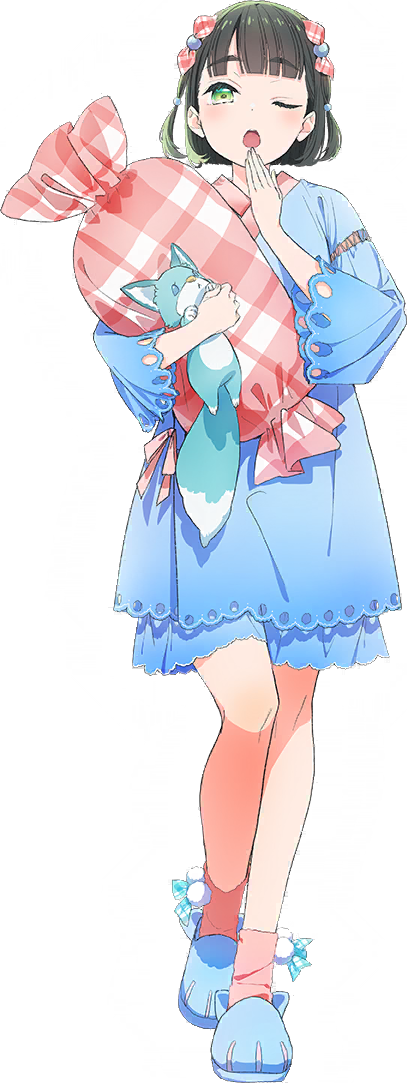 momose ginko, link! like! love live!, love live!, game cg, non-web source, official art, 1girl, ;o, black hair, blue dress, blue slippers, bob cut, dress, frilled pillow, frills, full body, green eyes, looking at viewer, momose ginko (birthday sleepwear), official alternate costume, one eye closed, pillow, pink socks, plaid pillow, short dress, short hair, simple background, slippers, socks, solo, standing, stuffed fox, transparent background, virtual youtuber, yawning