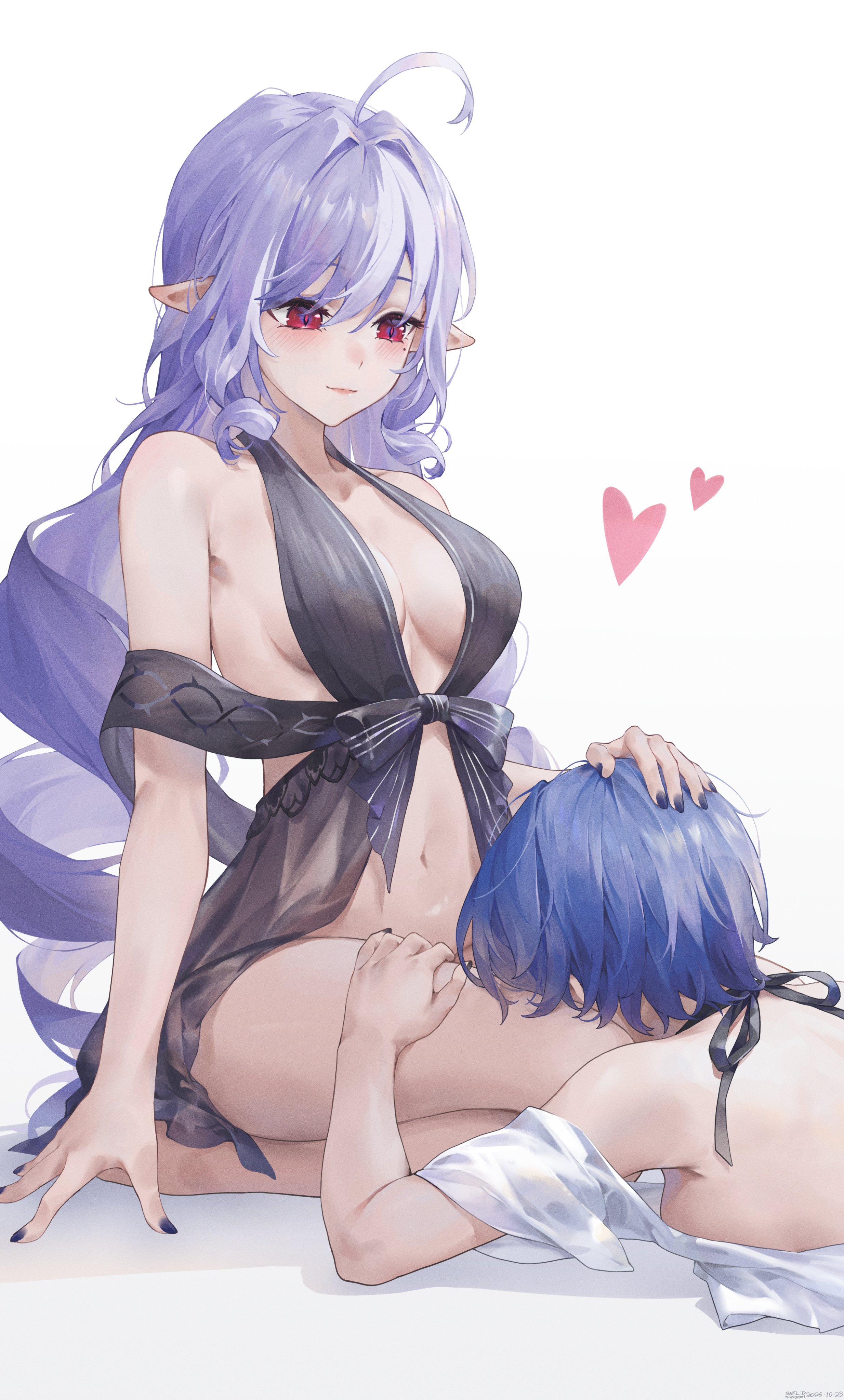 swkl:d, belle (zenless zone zero), vivian banshee, zenless zone zero, absurdres, highres, 2girls, ahoge, alternate costume, babydoll, bare shoulders, black babydoll, black nails, blue hair, breasts, closed mouth, hand on another's head, hand on another's thigh, headpat, heart, long hair, looking at another, mole, mole under eye, multiple girls, navel, pointy ears, purple hair, red eyes, seiza, short hair, simple background, sitting, stomach, white background, yuri