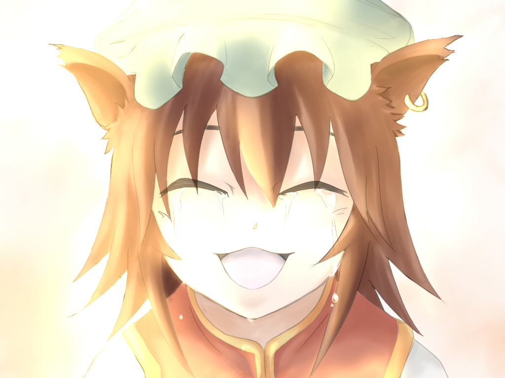 asparagus (peaceibakei), peaceibakei, chen, touhou, bad id, 1girl, animal ears, brown hair, cat ears, cat girl, closed eyes, earrings, female focus, hat, jewelry, short hair, solo, tears