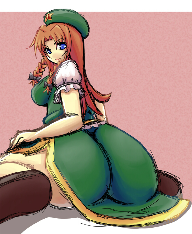 kisaragi yakumo, hong meiling, embodiment of scarlet devil, touhou, artist request, bad id, bad pixiv id, 1girl, ass, breasts, china dress, chinese clothes, dress, female focus, hat, hip focus, huge ass, large breasts, long hair, red hair, solo, wide hips