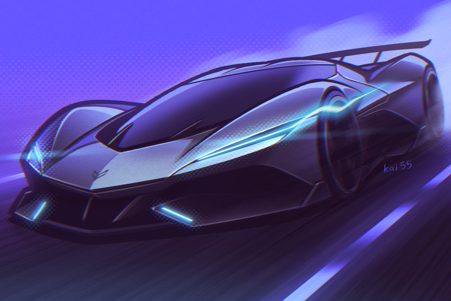 kai55, chevrolet, chevrolet corvette, original, commentary request, artist name, blue background, car, chevrolet corvette cx, glowing, grey car, light trail, logo, motion blur, motor vehicle, no humans, product placement, shadow, simple background, smoke, spoiler (automobile), sports car, vehicle focus
