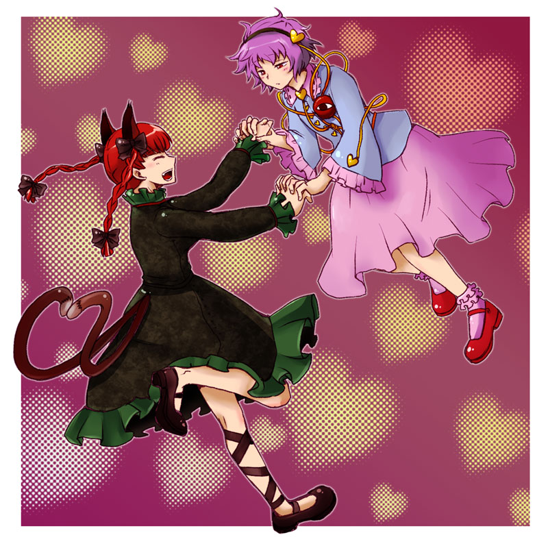 yokomichi, kaenbyou rin, komeiji satori, touhou, 2girls, animal ears, braid, cat ears, cat girl, cat tail, female focus, full body, hair ribbon, hairband, heart, heart tail, multiple girls, purple hair, red eyes, red hair, ribbon, short hair, tail, twin braids, twintails