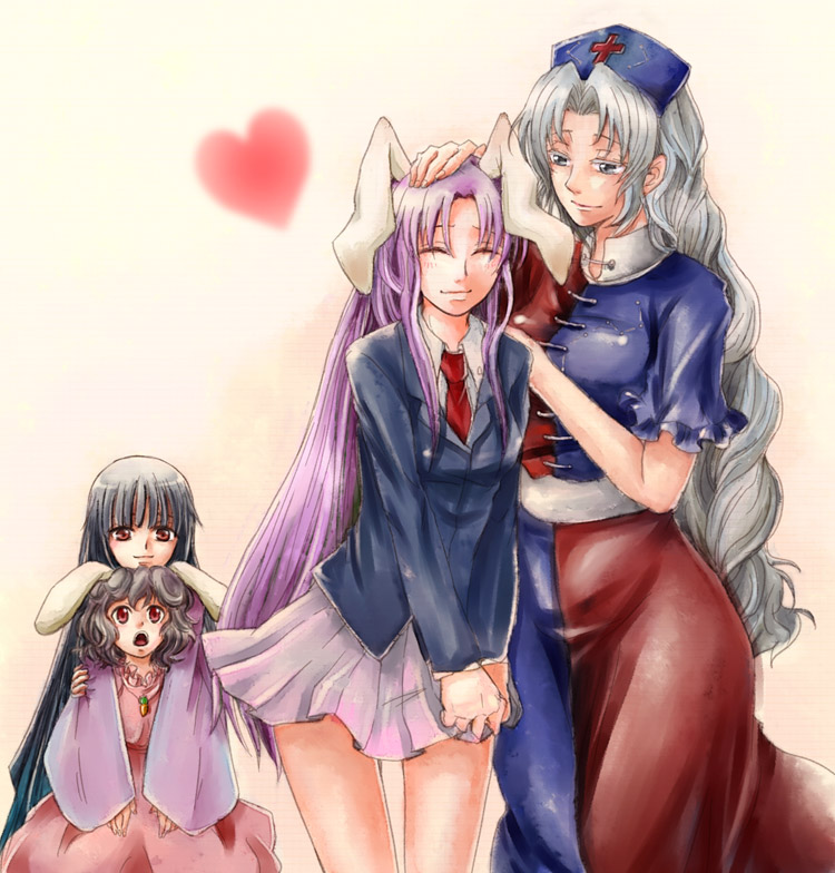 yokomichi, houraisan kaguya, inaba tewi, reisen udongein inaba, yagokoro eirin, touhou, silver hair, 4girls, animal ears, black hair, blue eyes, braid, female focus, hat, long hair, multiple girls, necktie, purple hair, rabbit ears, red eyes, red necktie, short hair