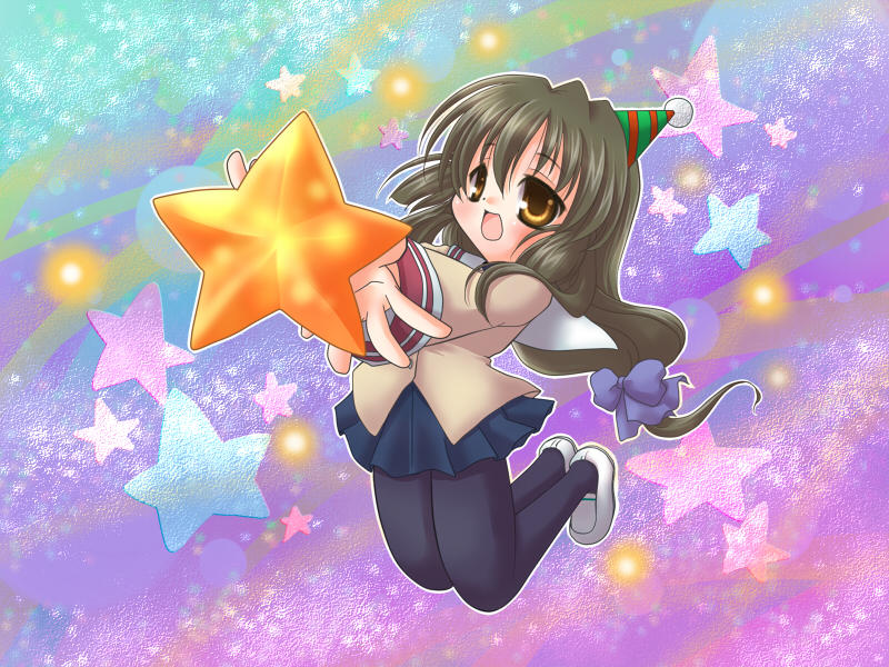 narimiya momone, ibuki fuuko, clannad, 00s, brown eyes, brown hair, hat, long hair, pantyhose, party hat, school uniform, solo, starfish