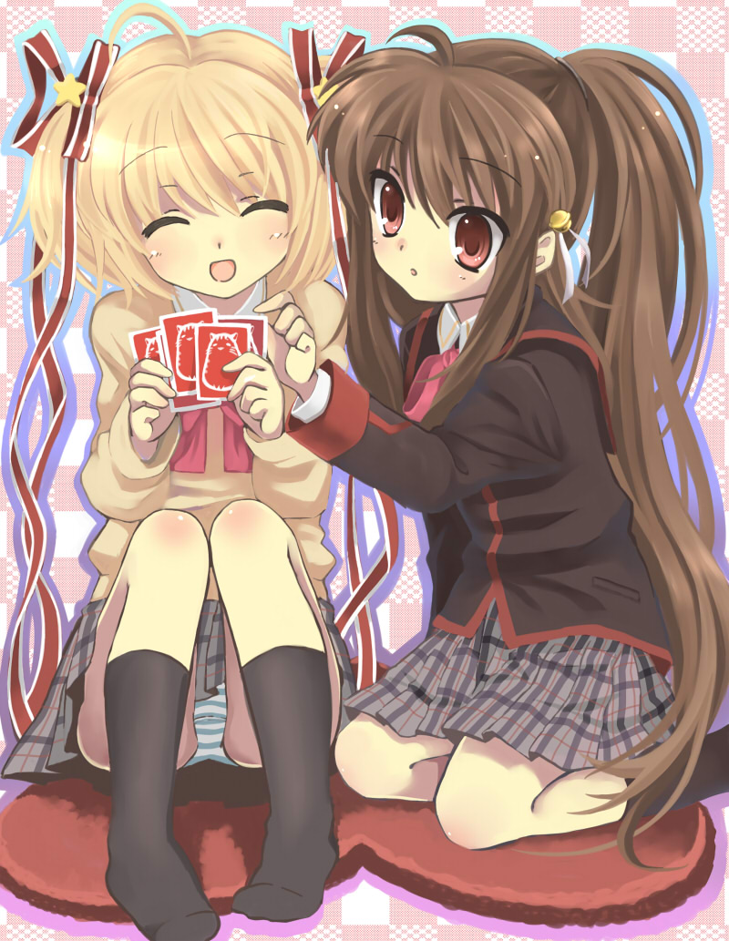 hanabana tsubomi, kamikita komari, natsume rin, little busters!, bad id, bad pixiv id, 2girls, :d, black socks, card, closed eyes, hair ribbon, happy, holding, holding card, long hair, multiple girls, open mouth, panties, plaid clothes, plaid skirt, ponytail, ribbon, school uniform, sitting, skirt, smile, socks, striped clothes, striped panties, underwear, very long hair