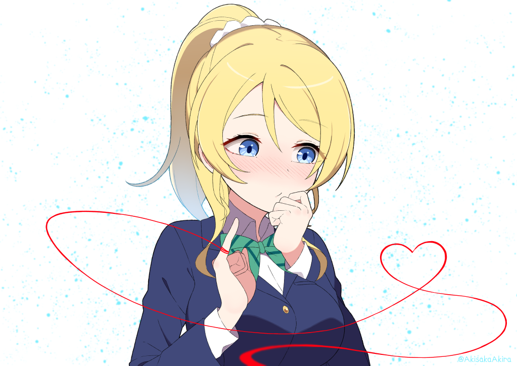 akisaka akira, ayase eli, love live!, love live! school idol project, commentary request, 1girl, artist name, blonde hair, blue eyes, blush, breasts, green ribbon, hair ornament, hair scrunchie, heart, looking to the side, neck ribbon, otonokizaka school uniform, pinky out, ponytail, ribbon, school uniform, scrunchie, solo, string, string of fate, white background, white scrunchie