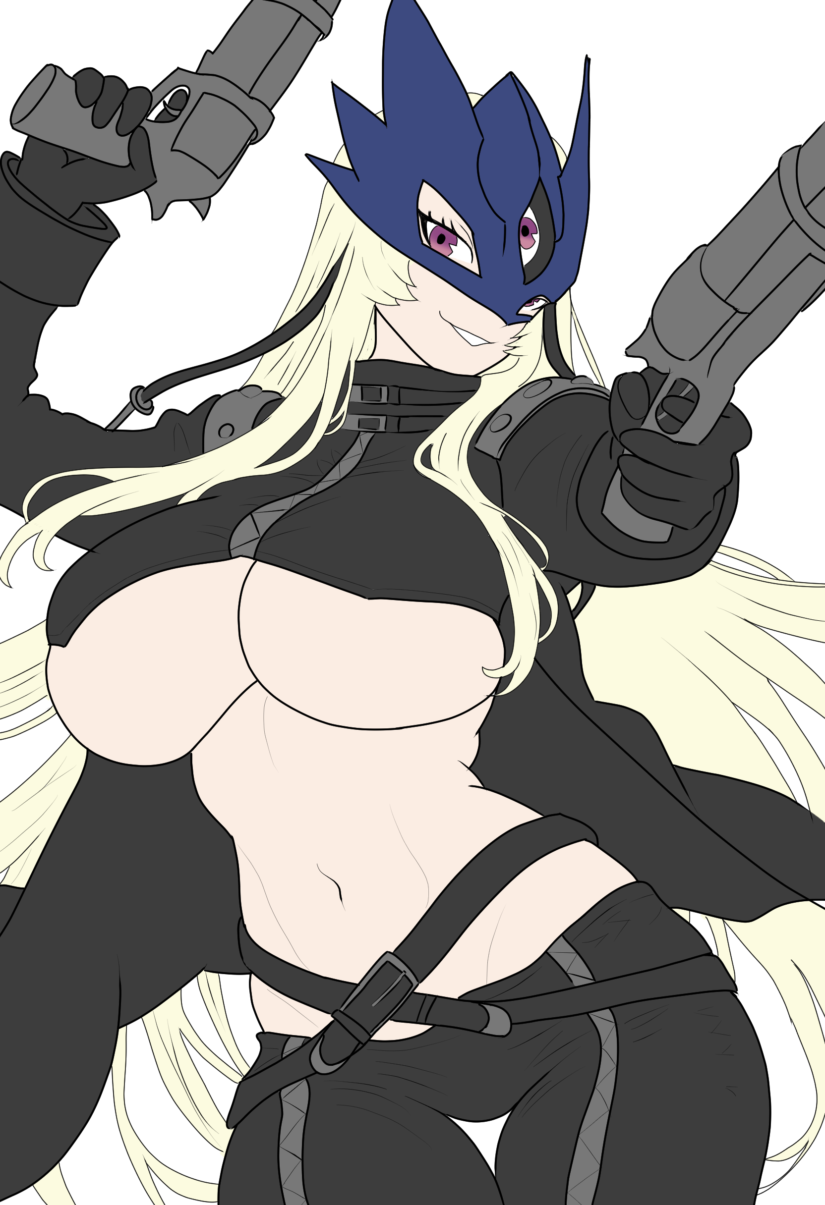 beelstarmon, digimon, absurdres, commentary, highres, 1girl, arms up, belt, black belt, black coat, black gloves, black pants, black vest, blonde hair, blue mask, bpm05, breasts, coat, cowboy shot, cropped vest, digimon (creature), eye mask, gloves, groin, gun, holding, holding gun, holding weapon, large breasts, leather, leather pants, long hair, long sleeves, looking at viewer, mask, navel, open clothes, open coat, pants, parted lips, purple eyes, sidelocks, simple background, smile, solo, standing, stomach, third eye, tight clothes, tight pants, underboob, vest, weapon, white background, zipper