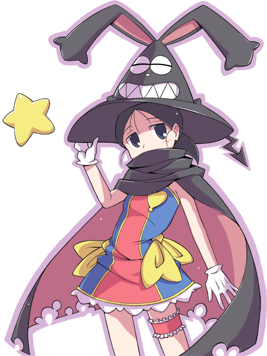 mirakichi, kuga kokage, saitou momoko, yuuma (magipoka), renkin san-kyuu magical pokaan, sketchbook full colors, 00s, black eyes, black hair, cape, cosplay, dress, gloves, hat, ponytail, solo, star (symbol), uma (cosplay), voice actor connection, witch hat
