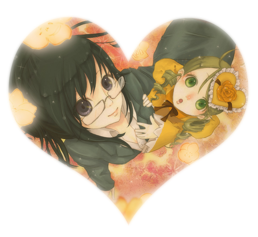 onohana, kanaria, kusabue mitsu, rozen maiden, bad id, bad pixiv id, 00s, black eyes, black hair, dress, drill hair, glasses, green eyes, green hair, hair ornament, heart, long hair