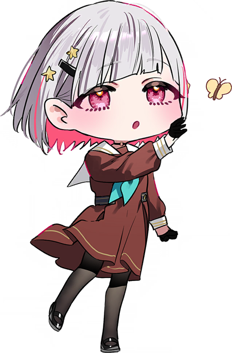 chigusa minori, yugiri tsuzuri, link! like! love live!, love live!, game cg, non-web source, official art, 1girl, :o, aqua neckerchief, black gloves, black pantyhose, black shoes, blush, brown dress, bug, butterfly, chibi, chibi only, colored inner hair, distracted, dress, full body, gloves, grey hair, hair ornament, hairclip, half gloves, hasu no sora school uniform, insect, long sleeves, looking at animal, mary janes, medium dress, multicolored hair, neckerchief, pantyhose, pleated dress, red eyes, red hair, sailor collar, sailor dress, school uniform, shoes, short hair, simple background, solo, star (symbol), star hair ornament, streaked hair, transparent background, virtual youtuber, white sailor collar, winter uniform, yellow butterfly