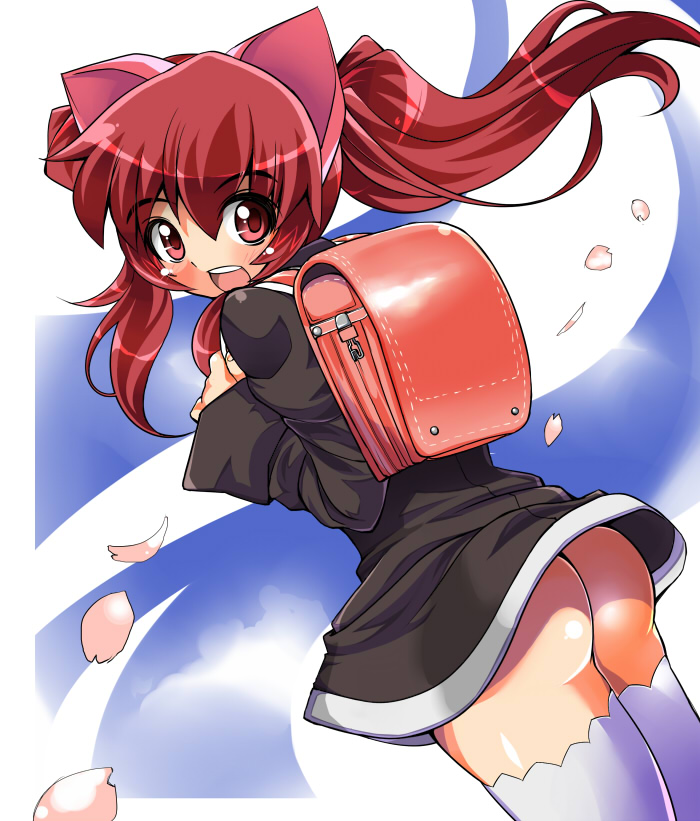 shiden (sashimi no wife), aloe, aloe (quiz magic academy), quiz magic academy, bad id, bad pixiv id, 1girl, ass, backpack, bag, blush, cherry blossoms, clothes lift, dress, dress lift, female focus, loli, long hair, no panties, petals, petite, randoseru, red eyes, red hair, solo, thighhighs, twintails, upskirt, wind, wind lift, zettai ryouiki