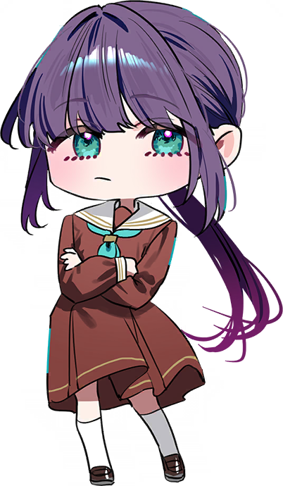 chigusa minori, otomune kozue, link! like! love live!, love live!, game cg, non-web source, official art, 1girl, aqua neckerchief, black shoes, blush, brown dress, chibi, chibi only, crossed arms, dress, frown, full body, green eyes, hasu no sora school uniform, kneehighs, loafers, long hair, long sleeves, low ponytail, medium dress, neckerchief, pleated dress, ponytail, purple hair, sailor collar, sailor dress, school uniform, shoes, sidelocks, simple background, socks, solo, transparent background, very long hair, virtual youtuber, white sailor collar, white socks, winter uniform