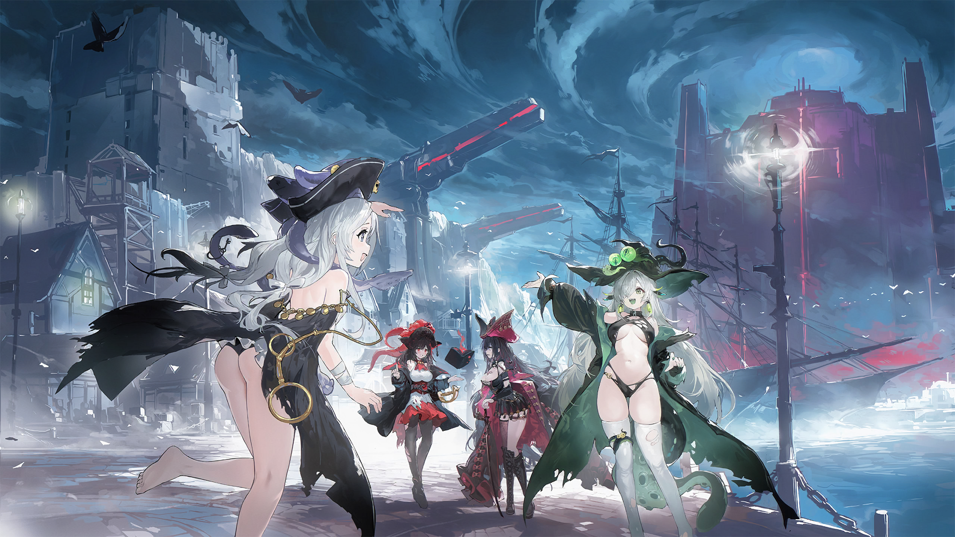 dolphin (azur lane), queen anne's revenge (azur lane), royal fortune (azur lane), azur lane, game cg, highres, non-web source, 4girls, ascot, ass, ass focus, bare shoulders, bat (animal), black coat, black hair, black hat, black panties, black pantyhose, breasts, brown hair, coat, colored tongue, covered erect nipples, dress, earrings, green eyes, green hair, green nails, green tongue, grey hair, groin, hat, holding, holding sword, holding weapon, jewelry, lamppost, lantern, large breasts, long hair, multiple girls, navel, open clothes, open coat, open mouth, panties, pantyhose, pirate, pirate hat, red ascot, red eyes, red skirt, royal james (azur lane), sharp teeth, sideboob, skindentation, skirt, smile, stomach, suction cups, sword, teeth, tentacle hair, tentacles, thick thighs, thigh gap, thighhighs, thighs, torn clothes, torn pantyhose, torn thighhighs, tricorne, underwear, weapon, white thighhighs