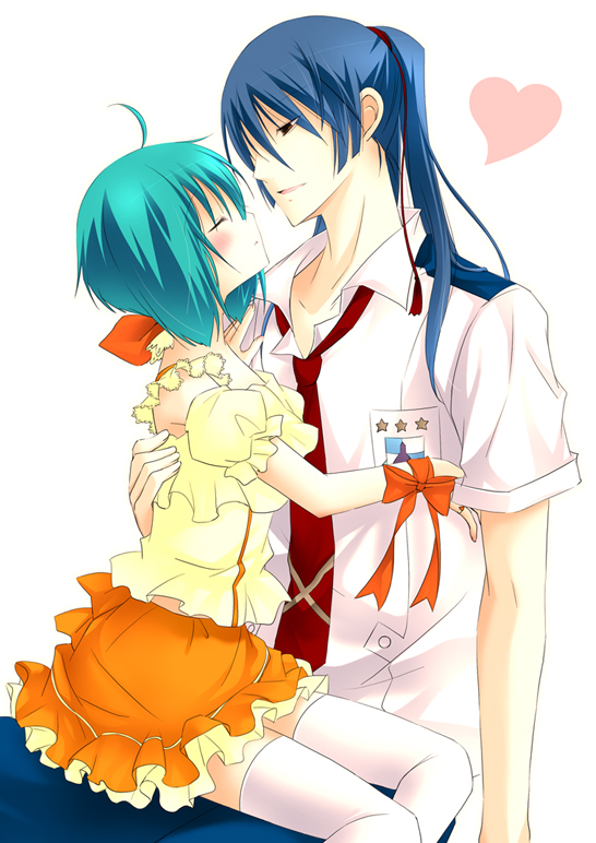 nicolla, vanilla (artist), vanilla (nicolla), ranka lee, saotome alto, macross, macross frontier, bad id, bad pixiv id, 00s, 1boy, 1girl, couple, dress, green hair, hetero, kiss, long hair, orange skirt, skirt, thighhighs