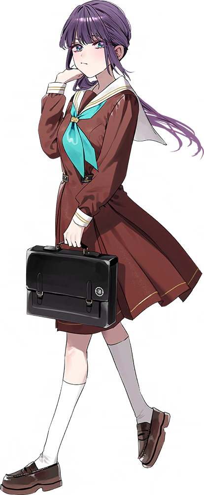 chigusa minori, otomune kozue, link! like! love live!, love live!, game cg, non-web source, official art, 1girl, :/, aqua neckerchief, blush, briefcase, brown dress, brown shoes, closed mouth, dress, frown, full body, green eyes, hasu no sora school uniform, holding, holding briefcase, kneehighs, loafers, long hair, long sleeves, looking at viewer, medium dress, neckerchief, pleated dress, purple hair, sailor collar, sailor dress, school briefcase, school uniform, shoes, sidelocks, simple background, socks, solo, transparent background, virtual youtuber, walking, white sailor collar, white socks, winter uniform