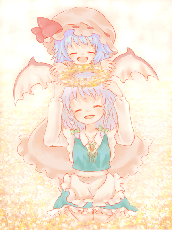 rias-shiki kawaii, izayoi sakuya, remilia scarlet, touhou, silver hair, bad id, bad pixiv id, 2girls, bat wings, blue hair, braid, female focus, flower, gradient background, hair ribbon, hairband, hat, maid, multiple girls, plant, ribbon, short hair, skirt, twin braids, wings