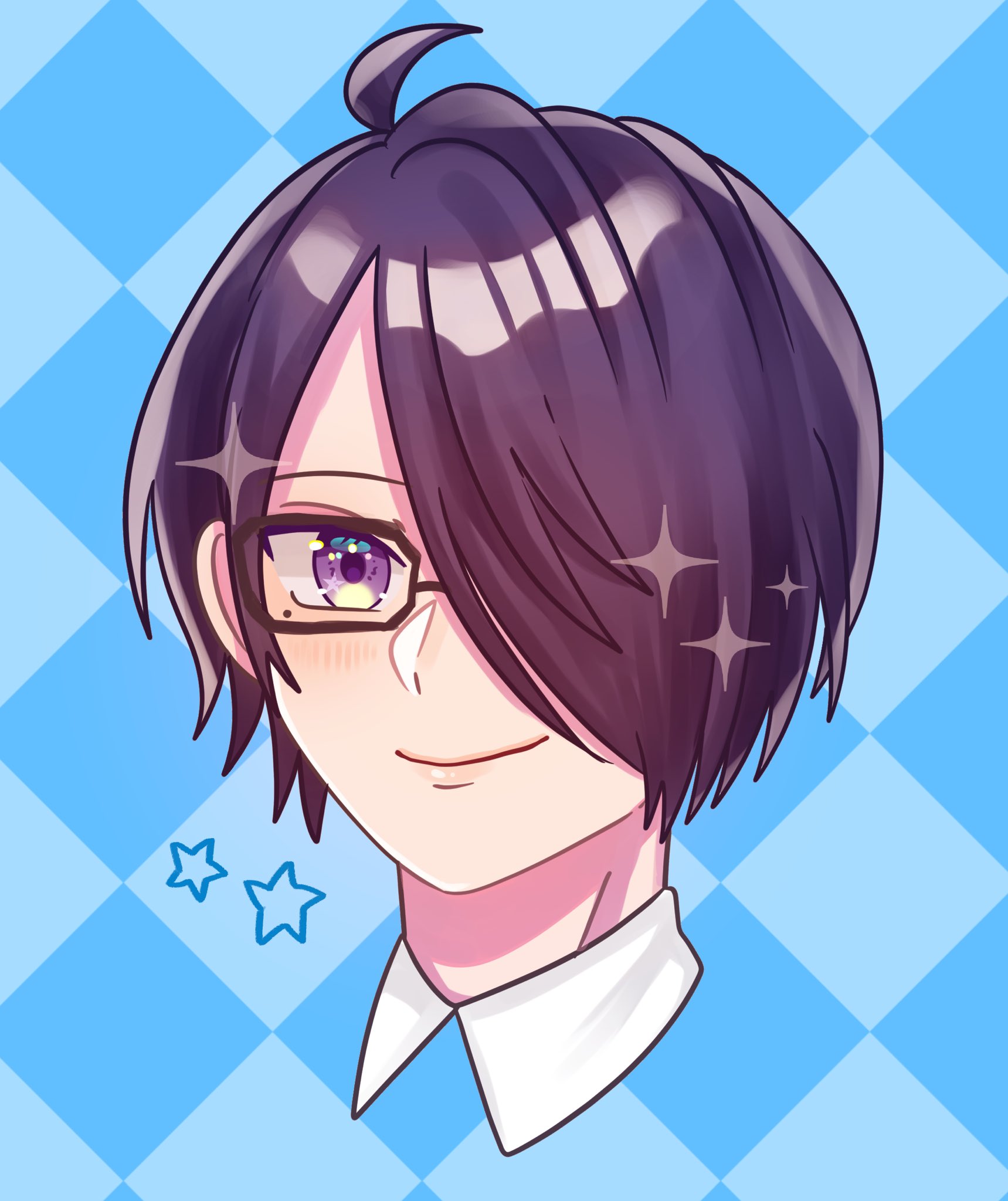 iwashi0725, brothers conflict, commentary, highres, 1boy, ahoge, asahina azusa, black-framed eyewear, black hair, blush, checkered background, cropped shoulders, glasses, hair over one eye, mole, mole under eye, purple eyes, simple background, smile, solo, star (symbol)