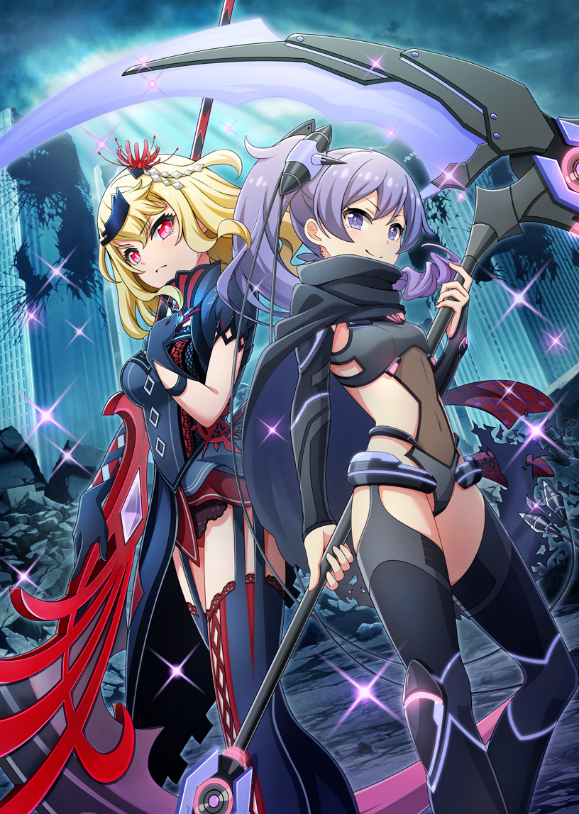 reina (project tokyo dolls), takase rio, ongeki, project tokyo dolls, official art, second-party source, back-to-back, black bodysuit, black cape, black garter straps, black gloves, black sleeves, black thighhighs, blonde hair, bodysuit, breasts, cape, city, closed mouth, clothing cutout, covered navel, crossover, dappled sunlight, detached sleeves, dutch angle, garter straps, gloves, hair ornament, hand on own chest, high side ponytail, holding, holding scythe, long hair, medium breasts, outdoors, purple hair, red eyes, revealing clothes, ruins, scythe, short sleeves, side cutout, sideways glance, small breasts, smile, sparkle, sunlight, thighhighs