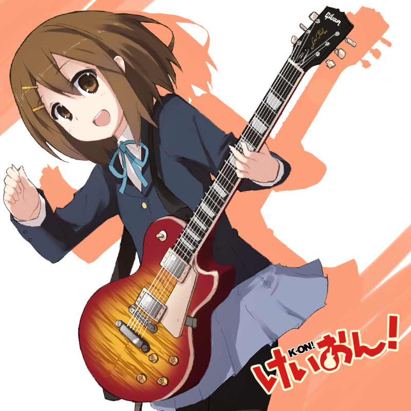 h@ll, halluka, hirasawa yui, k-on!, bad id, bad pixiv id, 00s, 1girl, brown eyes, brown hair, electric guitar, female focus, gibson les paul, guitar, hair ornament, hairclip, instrument, pantyhose, plectrum, school uniform, shadow, short hair, skirt, solo