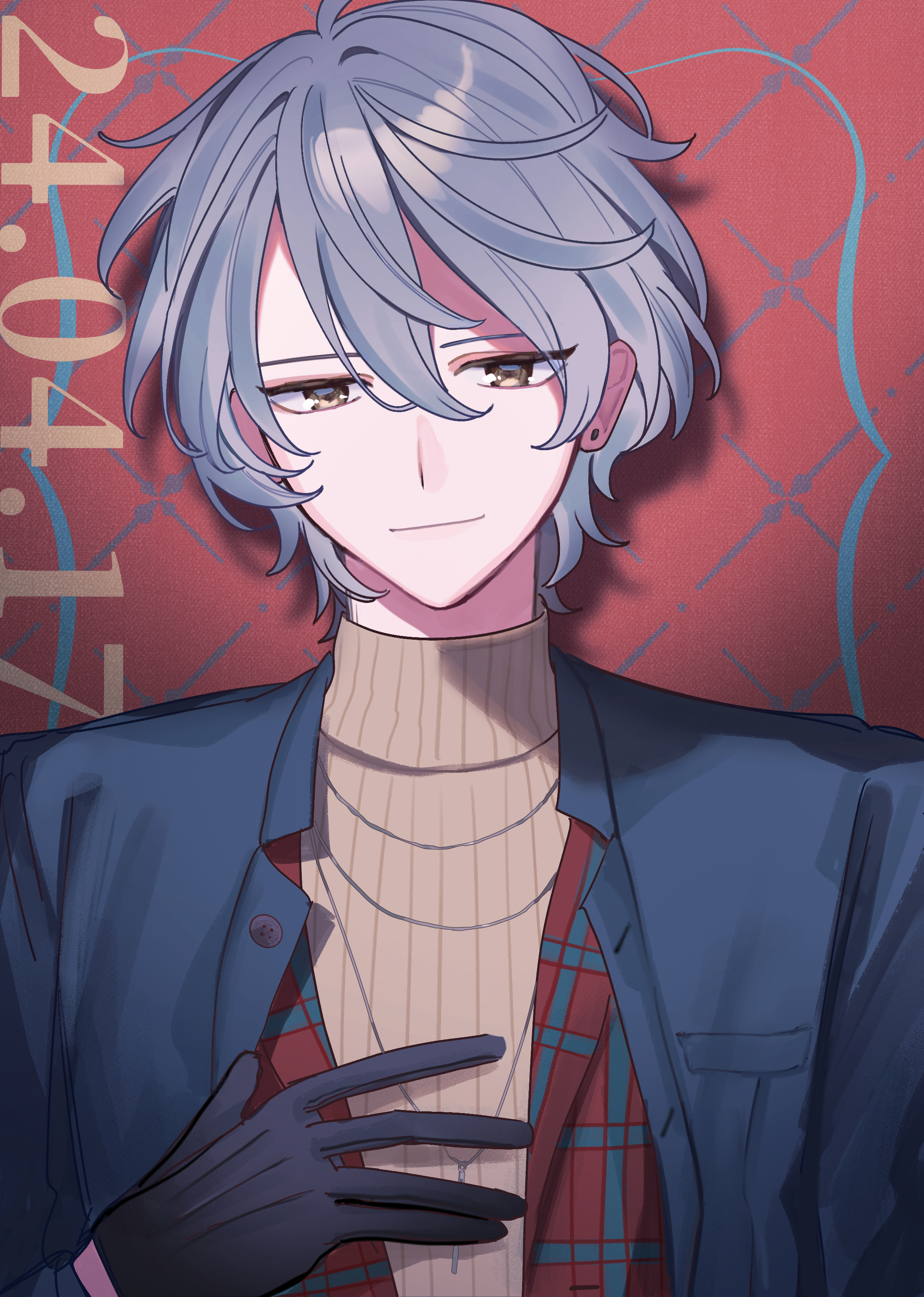 brothers conflict, absurdres, commentary request, highres, 1boy, asahina iori, black gloves, brown eyes, closed mouth, dated, earrings, gloves, grey hair, hair between eyes, jacket, jewelry, male focus, necklace, same449, solo, stud earrings, sweater