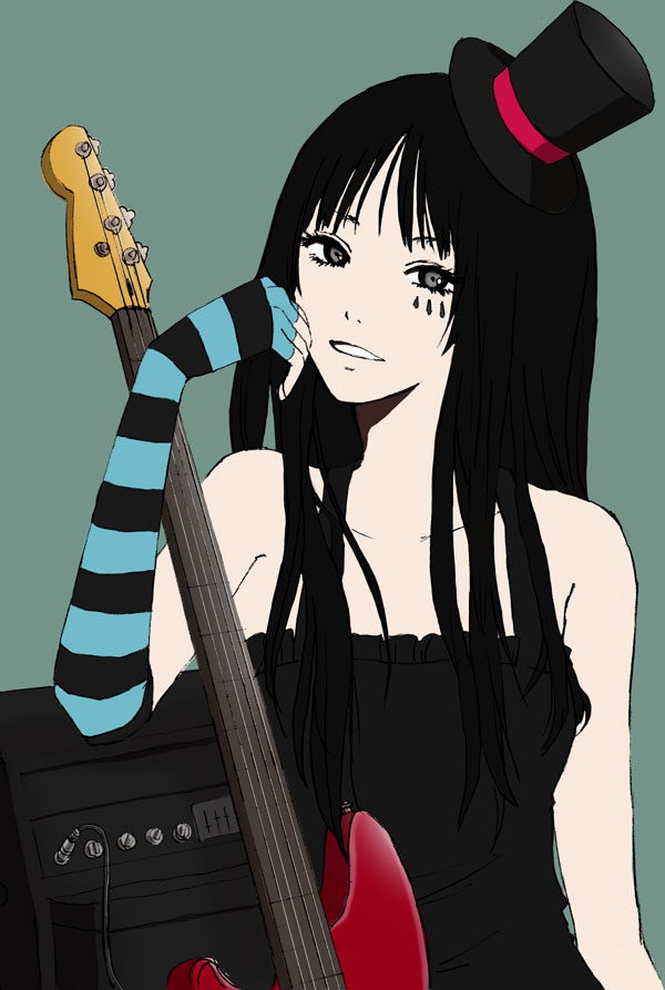 inumoto, akiyama mio, don't say "lazy", k-on!, striped, bad id, bad pixiv id, 00s, 1girl, bare shoulders, bass guitar, black eyes, black hair, blunt bangs, dress, elbow gloves, facepaint, female focus, fingerless gloves, gloves, gothic lolita, hat, hime cut, instrument, lolita fashion, long hair, mini hat, mini top hat, solo, top hat