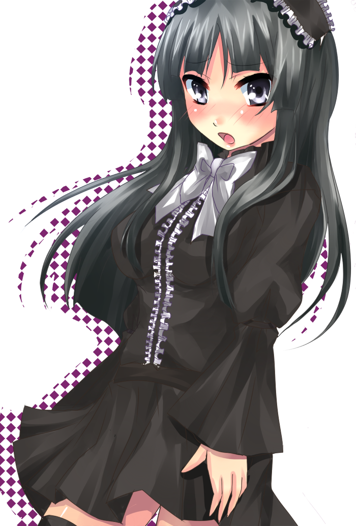 yuri (purinlove), akiyama mio, k-on!, 00s, 1girl, black hair, blunt bangs, blush, bow, female focus, gothic lolita, hairband, hime cut, lolita fashion, long hair, purple eyes, skirt, solo, thighhighs, zettai ryouiki