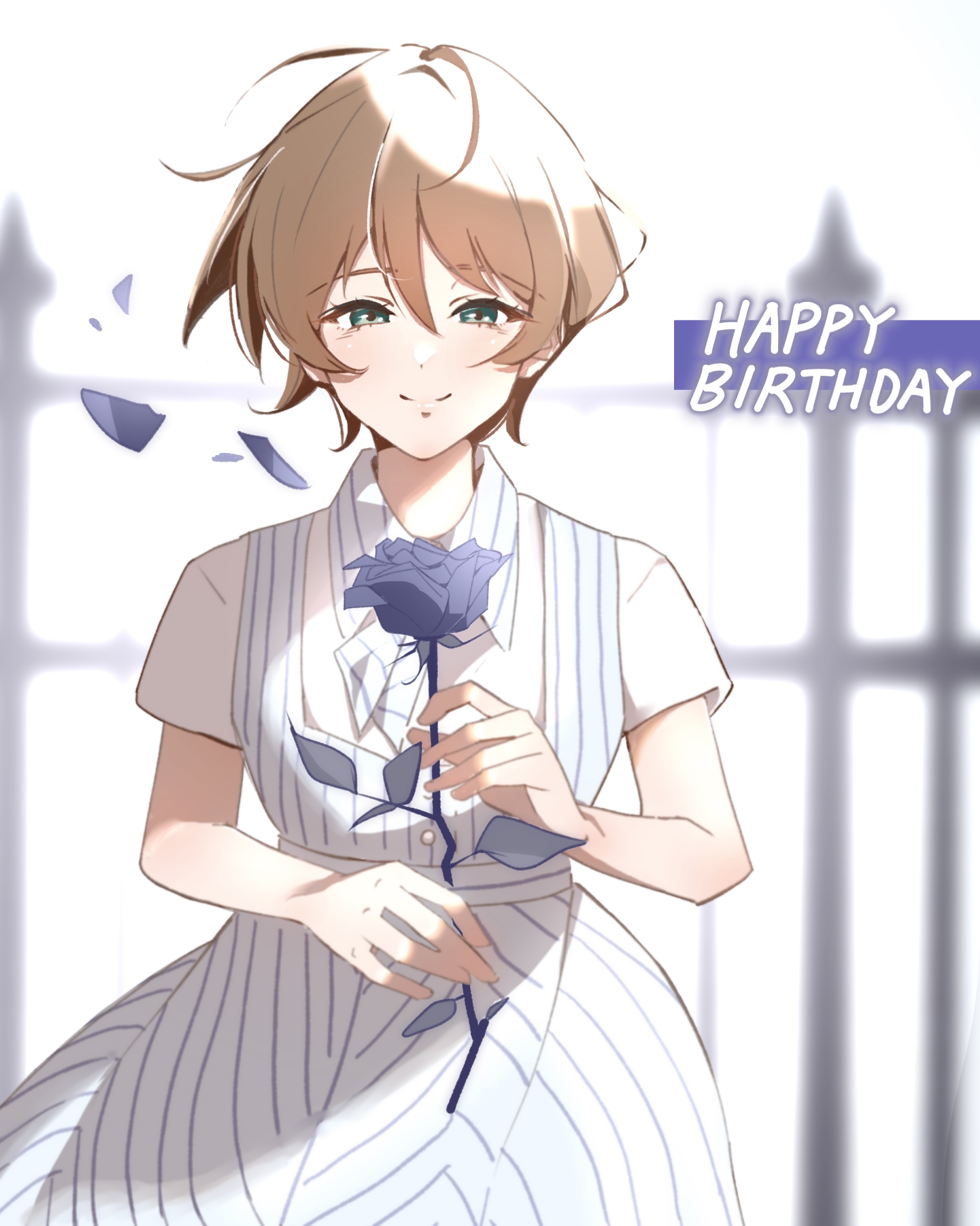 harumiya yukuri, ikizulive! love live! bluebird, love live!, commentary request, highres, 1girl, blue dress, blue flower, blue rose, brown hair, closed mouth, collared shirt, dress, dress shirt, flower, green eyes, happy birthday, holding, holding flower, looking at viewer, official alternate costume, pinafore dress, pinstripe dress, pinstripe pattern, rose, sena l0, shirt, short hair, short sleeves, sleeveless, sleeveless dress, smile, solo, split mouth, what is my life? (love live!), white shirt