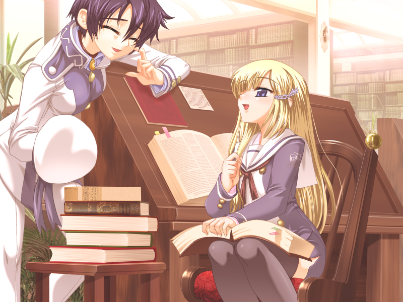 koume keito, alma hamillton, anri anriette, sapphism no gensou, game cg, 2girls, blonde hair, blue eyes, closed eyes, hat, long hair, multiple girls, purple hair, short hair, thighhighs