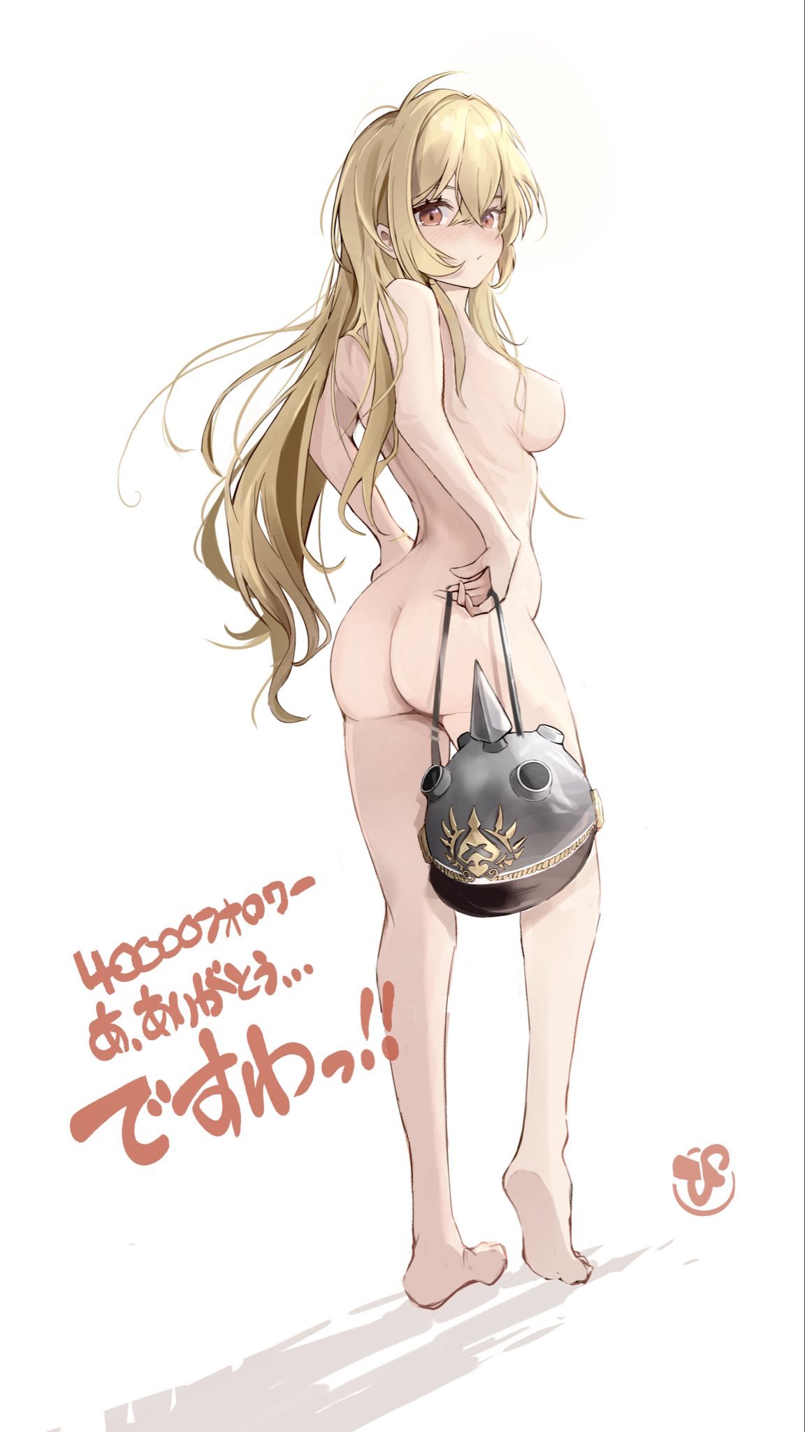 pinjirooo, luciana de montefio, zenless zone zero, commentary request, highres, translation request, 1girl, alternate hairstyle, ass, barefoot, blonde hair, blush, breasts, completely nude, feet, full body, hair down, helmet, holding, holding unworn helmet, long hair, medium breasts, motorcycle helmet, nude, red eyes, simple background, soles, solo, toes, unworn headwear, unworn helmet, very long hair, white background