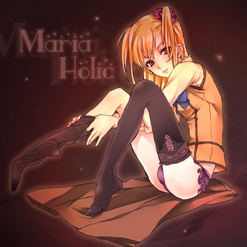 kumonosuke, shidou mariya, maria holic, bad id, bad pixiv id, 00s, 1boy, black thighhighs, blonde hair, blouse, blue bow, blue bowtie, bottomless, bow, bowtie, copyright name, crossdressing, crossdressing (mtf), dressing, feet, frilled thighhighs, frills, long hair, male focus, mole, mole under eye, no pants, panties, purple panties, red eyes, school uniform, see-through clothes, shirt, side-tie panties, sitting, skirt, solo, thighhighs, trap, twintails, two side up, underwear, unworn skirt, yellow shirt