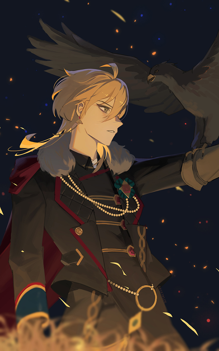 8083 blue, hakaze kaoru, ensemble stars!, commentary request, highres, 1boy, animal on arm, bird, bird on arm, black background, black bird, black jacket, black pants, blonde hair, cape, gloves, hawk, jacket, male focus, outstretched arm, pants, parted lips, red cape, scorpio's venom (ensemble stars!), short hair, solo