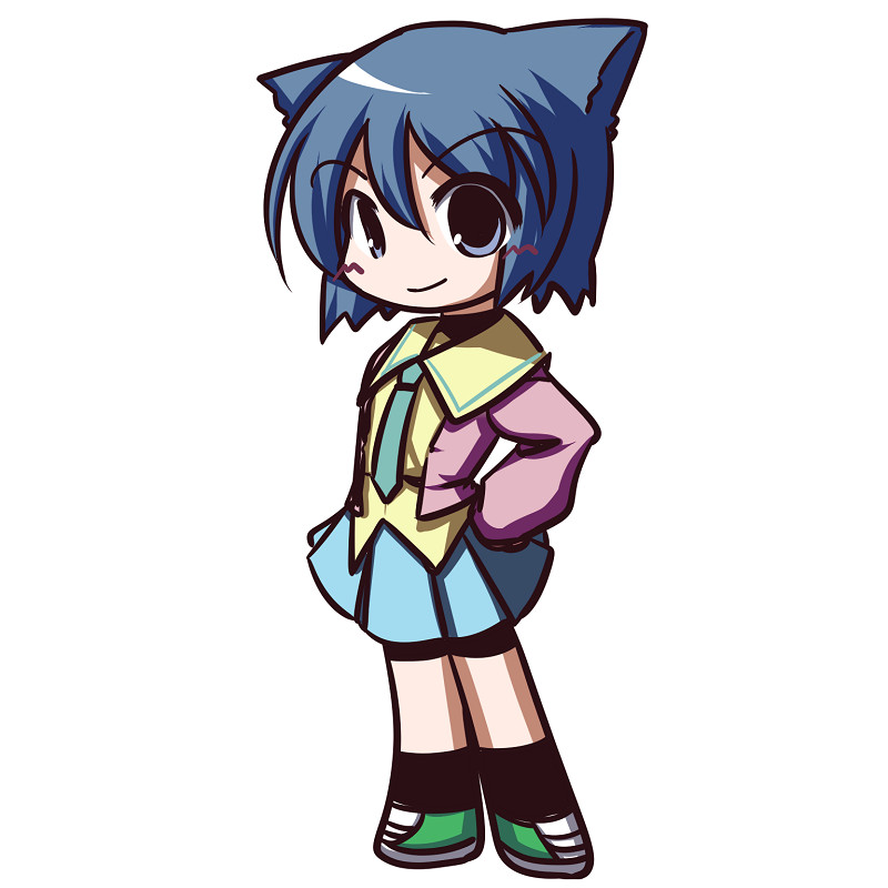 fictional sister, serizawa akane, pani poni dash!, 00s, 1girl, animal ears, bike shorts, bike shorts under skirt, blue eyes, blue hair, cat ears, chibi, female focus, matching hair/eyes, necktie, school uniform, short hair, shorts, shorts under skirt, skirt, solo
