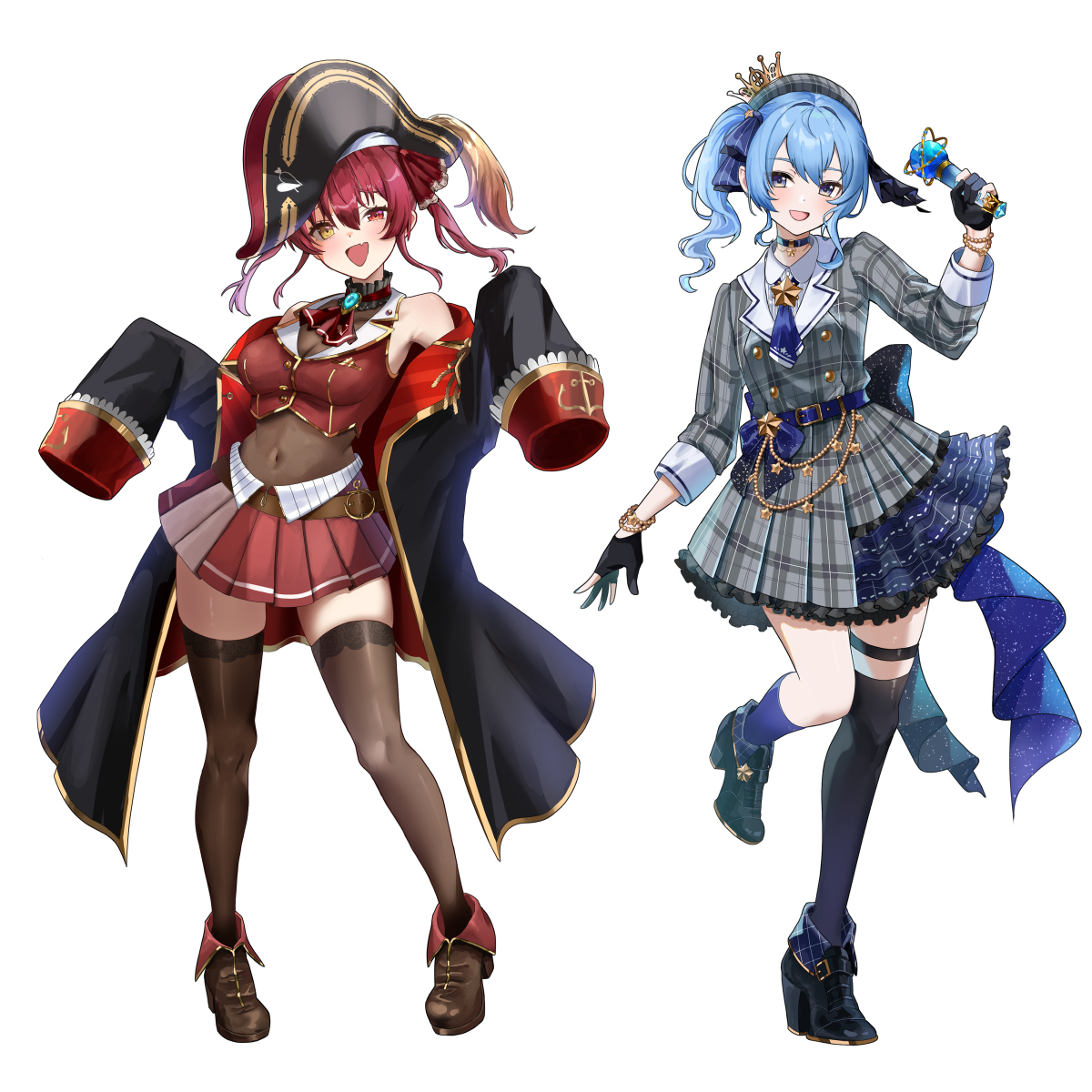 setta shu, hoshimachi suisei, hoshimachi suisei (1st costume), houshou marine, houshou marine (1st costume), hololive, commentary, hashtag-only commentary, highres, 2girls, :d, ascot, belt, beret, black boots, black gloves, black jacket, black thighhighs, blue ascot, blue belt, blue choker, blue eyes, blue hair, blush, boots, bracelet, breasts, brown thighhighs, choker, cleavage, covered navel, cropped jacket, crown, dress, fang, fold-over boots, full body, gloves, gold trim, grey hat, hair between eyes, hat, heterochromia, holding, holding microphone, jacket, jewelry, large breasts, leotard, leotard under clothes, long hair, looking at viewer, microphone, mini crown, miniskirt, multiple girls, open mouth, partially fingerless gloves, plaid clothes, plaid dress, plaid hat, plaid jacket, pleated skirt, plume, red ascot, red eyes, red hair, red jacket, red skirt, side ponytail, simple background, single thighhigh, skirt, sleeveless, sleeveless jacket, sleeves past wrists, smile, solo, standing, star (symbol), star bracelet, star choker, tachi-e, thigh strap, thighhighs, twintails, two-sided fabric, two-sided jacket, virtual youtuber, white background, yellow eyes, zettai ryouiki