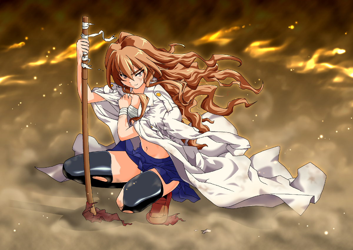 nebachuu, aisaka taiga, toradora!, 00s, 1girl, black thighhighs, bokken, breasts, brown eyes, brown hair, female focus, fire, lab coat, long hair, midriff, navel, no shirt, panties, sarashi, skirt, small breasts, solo, sword, thighhighs, torn clothes, underwear, very long hair, weapon, wind, wooden sword, zettai ryouiki