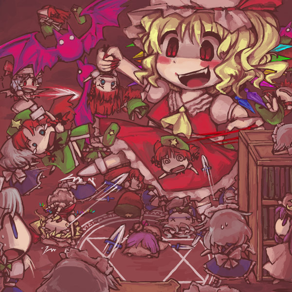 buranantoka, flandre scarlet, hong meiling, izayoi sakuya, patchouli knowledge, remilia scarlet, embodiment of scarlet devil, patchcon, touhou, silver hair, bad id, bad pixiv id, > <, 6+girls, @ @, bat (animal), bat wings, blonde hair, blue eyes, blue hair, blush, book, bookshelf, bow, braid, chibi, china dress, chinese clothes, clone, closed eyes, dress, fainting, fang, female focus, giant, giantess, hat, hexagram, knife, long hair, magic circle, maid, multiple girls, naughty face, ponytail, purple eyes, purple hair, red eyes, red hair, short hair, sweat, tears, throwing knife, twin braids, weapon, wings, x x
