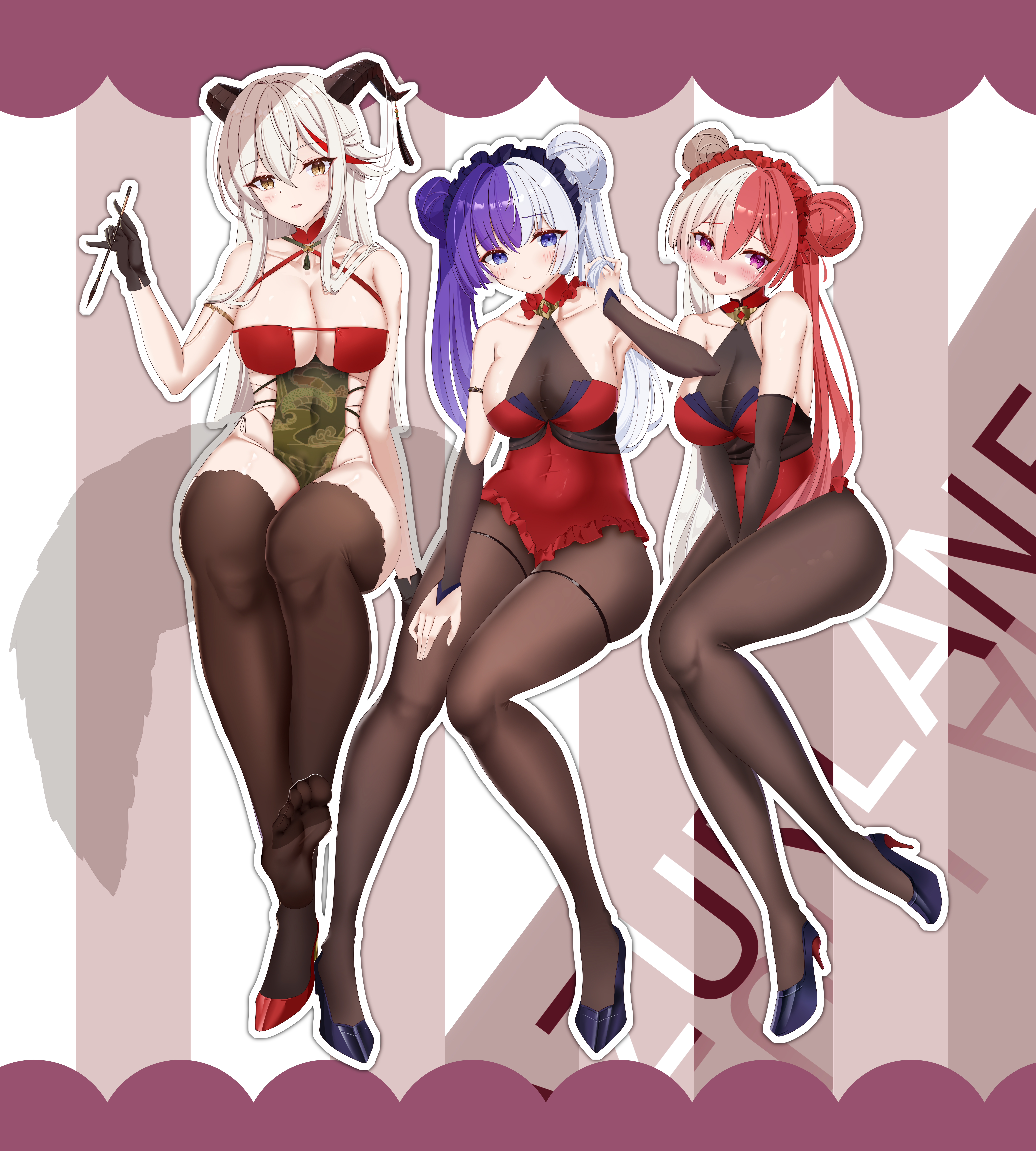 rainseason, aegir (azur lane), aegir (golden dragon among auspicious clouds) (azur lane), chao ho (azur lane), chao ho (frolicking flowers verse ii) (azur lane), ying swei (azur lane), ying swei (frolicking flowers verse i) (azur lane), azur lane, absurdres, commentary, english commentary, highres, 3girls, backward-facing horns, bare shoulders, black horns, black shoes, blush, breasts, brown pantyhose, brown thighhighs, cleavage, copyright name, detached sleeves, double bun, dragon print, dress, framed breasts, frilled hairband, frills, full body, hair bun, hair on horn, hairband, high heels, holding, holding paintbrush, horn ornament, horns, lace, lace-trimmed thighhighs, lace trim, large breasts, long hair, looking at viewer, microdress, multicolored hair, multiple girls, official alternate costume, outline, paintbrush, pantyhose, pelvic curtain, purple eyes, purple hair, red dress, red hair, red shoes, red streaks, see-through clothes, see-through pelvic curtain, shoes, sideless outfit, split-color hair, streaked hair, thighhighs, white hair, white outline, yellow eyes