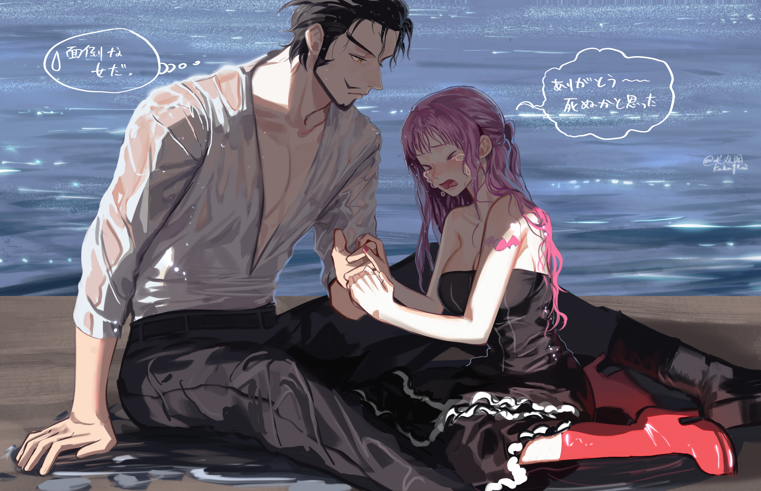 kotomine (a1569), dracule mihawk, perona, one piece, commentary request, highres, > <, 1boy, 1girl, arm support, bat tattoo, beard, black boots, black dress, black hair, boots, breasts, chinstrap beard, crying, dress, facial hair, kneeling, large breasts, long hair, mustache, ocean, pink hair, red boots, shirt, sitting, speech bubble, tattoo, thought bubble, v-shaped eyebrows, wet, wet clothes, wet shirt