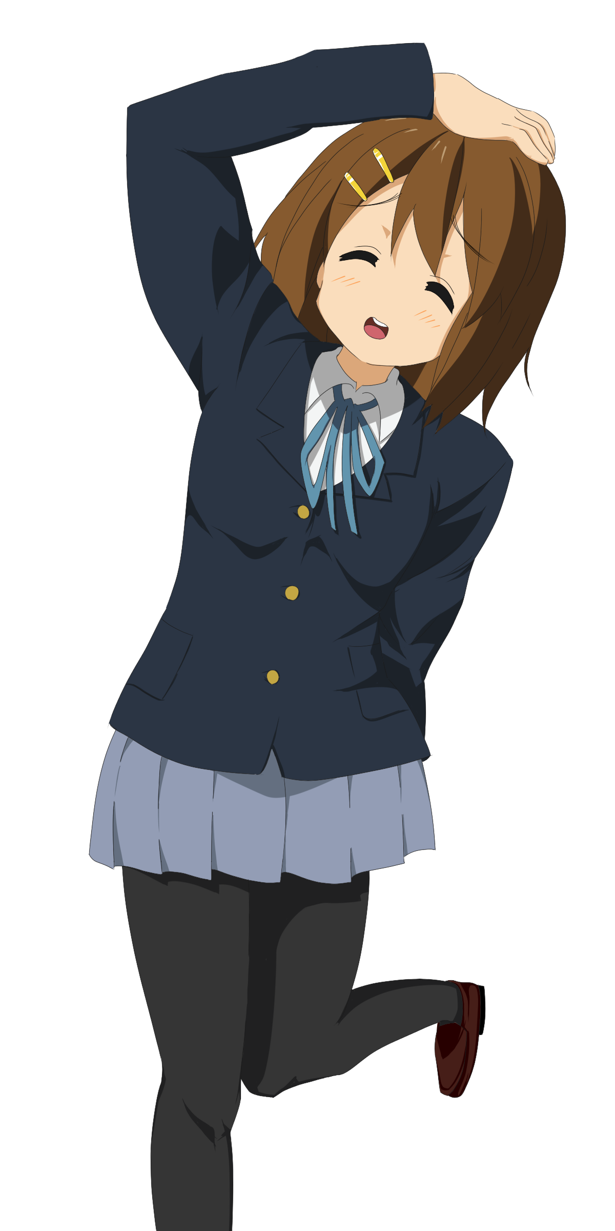 walther p27, hirasawa yui, k-on!, absurdres, highres, 00s, 1girl, brown hair, closed eyes, female focus, pantyhose, school uniform, short hair, simple background, skirt, solo