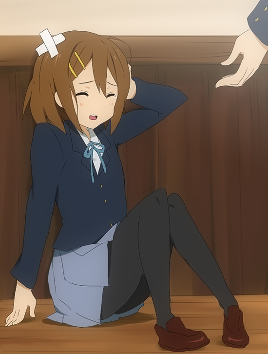 kl (dgzonbi), hirasawa yui, k-on!, 00s, 1girl, bandages, brown hair, closed eyes, female focus, injury, pantyhose, school uniform, short hair, skirt, solo