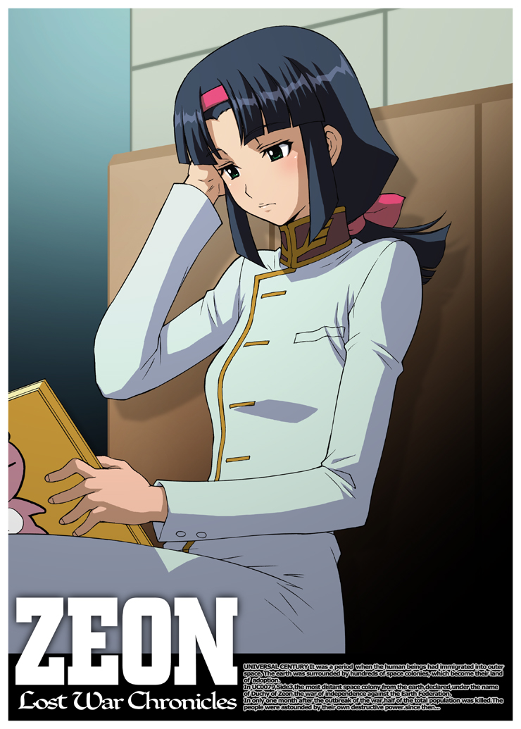 kitahara aki, may cowin, gundam, gundam lost war chronicles, uniform, black hair, book, green eyes, hairband, ponytail, solo, zeon