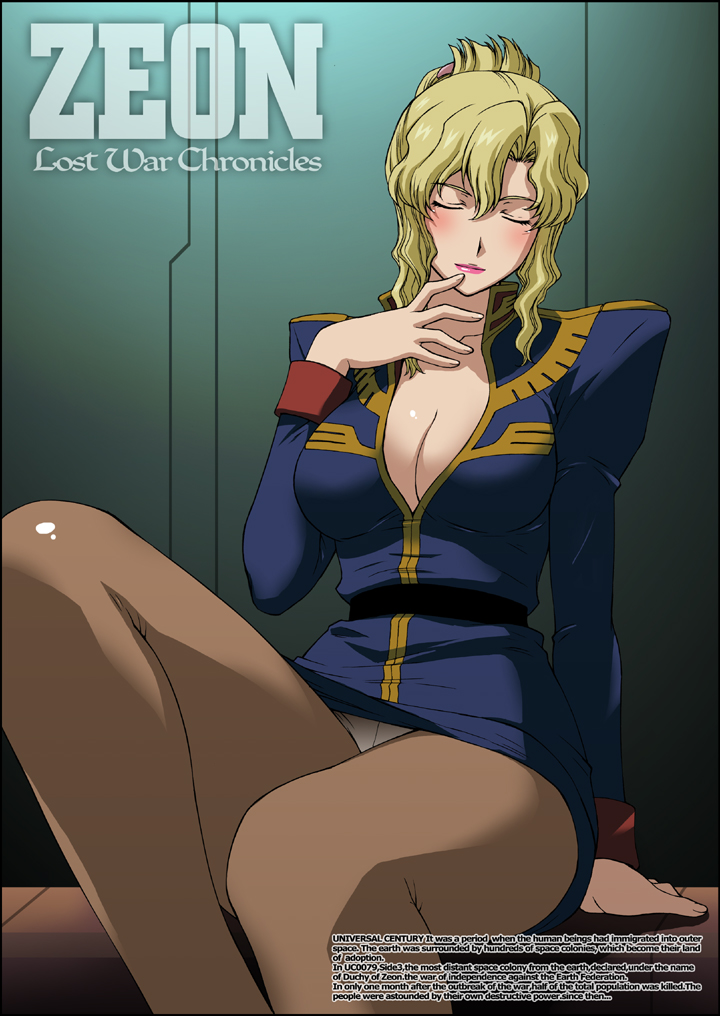 kitahara aki, jane conty, gundam, gundam lost war chronicles, 1girl, blonde hair, blush, breasts, brown pantyhose, cleavage, closed eyes, crotch seam, female focus, large breasts, military, military uniform, panties, panties under pantyhose, pantyhose, solo, underwear, zeon