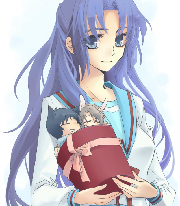 rei (pixiv 490708), rei (rsoujou), asakura ryoko, koizumi itsuki, kyon, suzumiya haruhi no yuuutsu, bad id, bad pixiv id, 00s, 1girl, 2boys, animal ears, blue eyes, blue hair, cat ears, chibi, long hair, multiple boys, rabbit ears, school uniform, serafuku