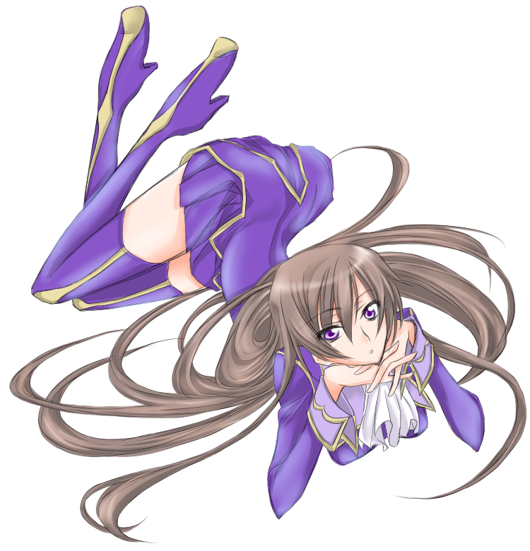 suzuki shia, luluko, zero (code geass), code geass, 00s, 1girl, black hair, boots, female focus, genderswap, genderswap (mtf), head rest, high heels, long hair, looking at viewer, purple eyes, ruruko, shoes, simple background, solo, thigh boots, thighhighs, white background, zettai ryouiki