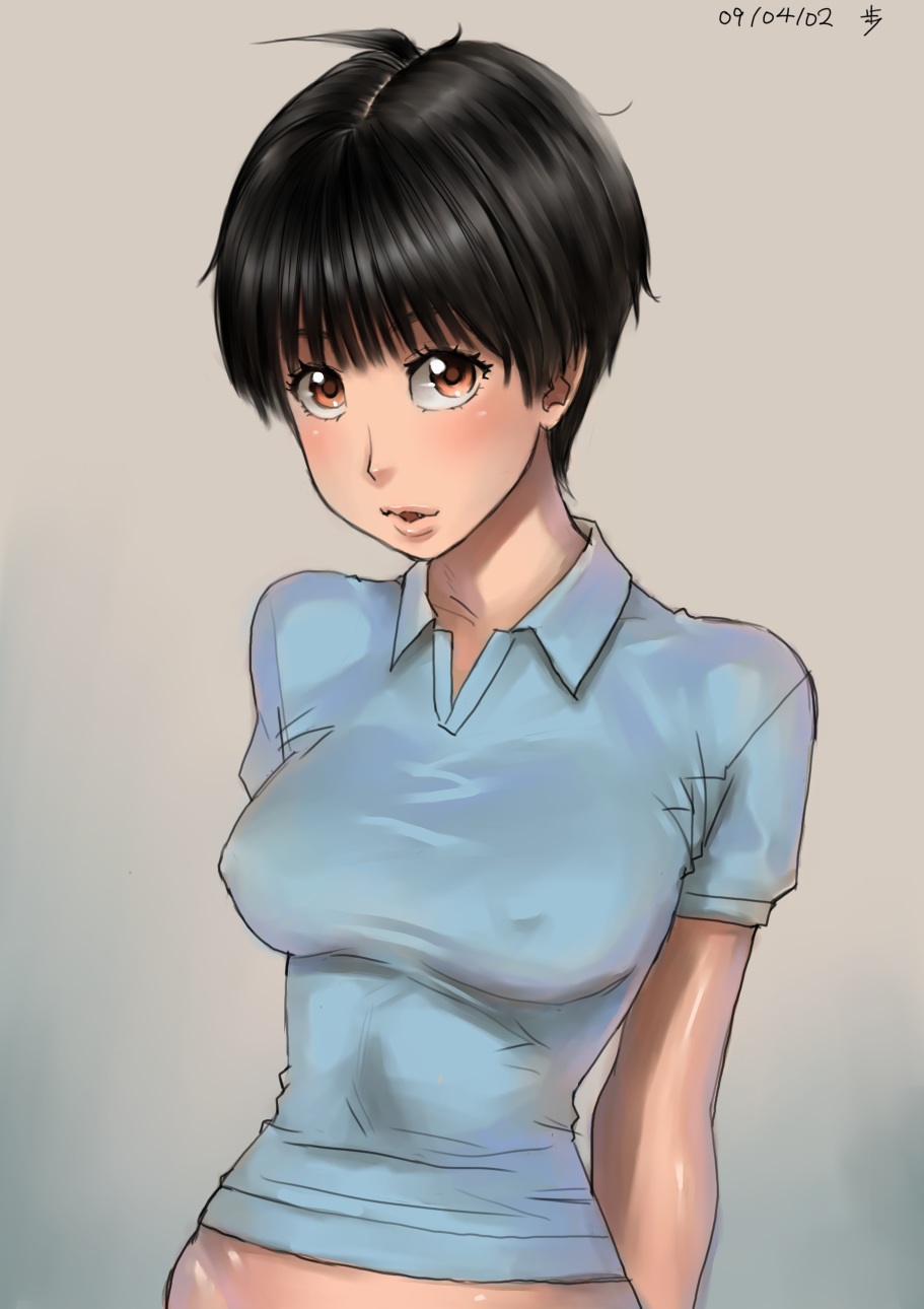 zenkou, ayumu (zenkou), original, highres, 1girl, arms behind back, black hair, breasts, brown eyes, cleavage, covered erect nipples, dated, fang, female focus, impossible clothes, impossible shirt, looking at viewer, orange eyes, parted lips, shiny skin, shirt, short hair, short sleeves, solo, taut clothes, taut shirt