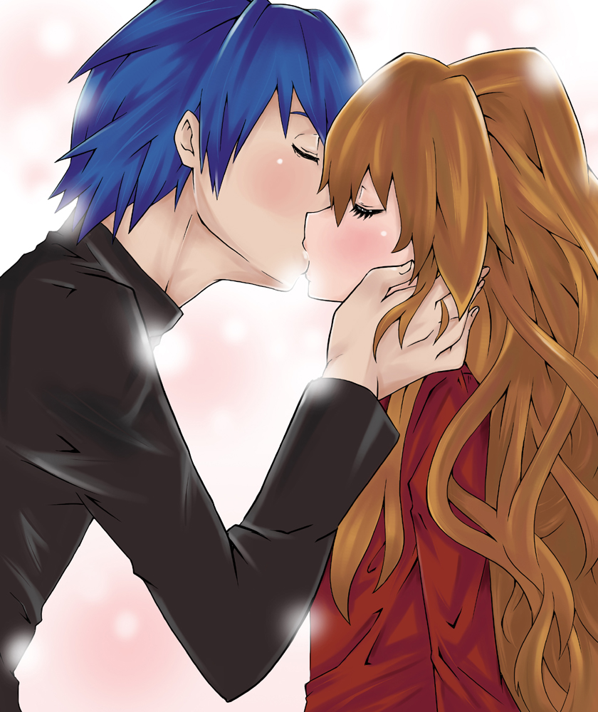 makai, aisaka taiga, takasu ryuuji, toradora!, 00s, 1boy, 1girl, blue hair, brown hair, closed eyes, hetero, kiss, long hair, school uniform, short hair