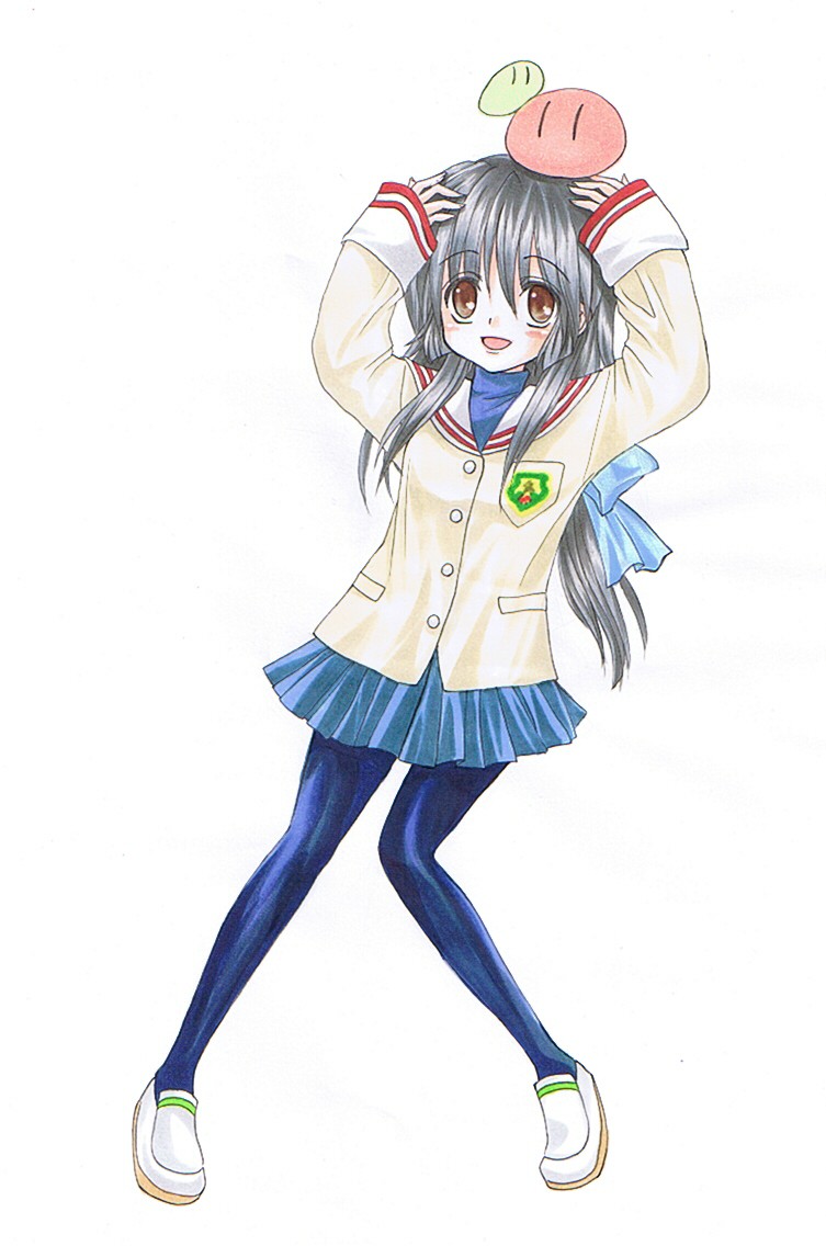 ranran, ibuki fuuko, clannad, dango daikazoku, traditional media, 00s, black hair, brown eyes, long hair, pantyhose, school uniform, solo