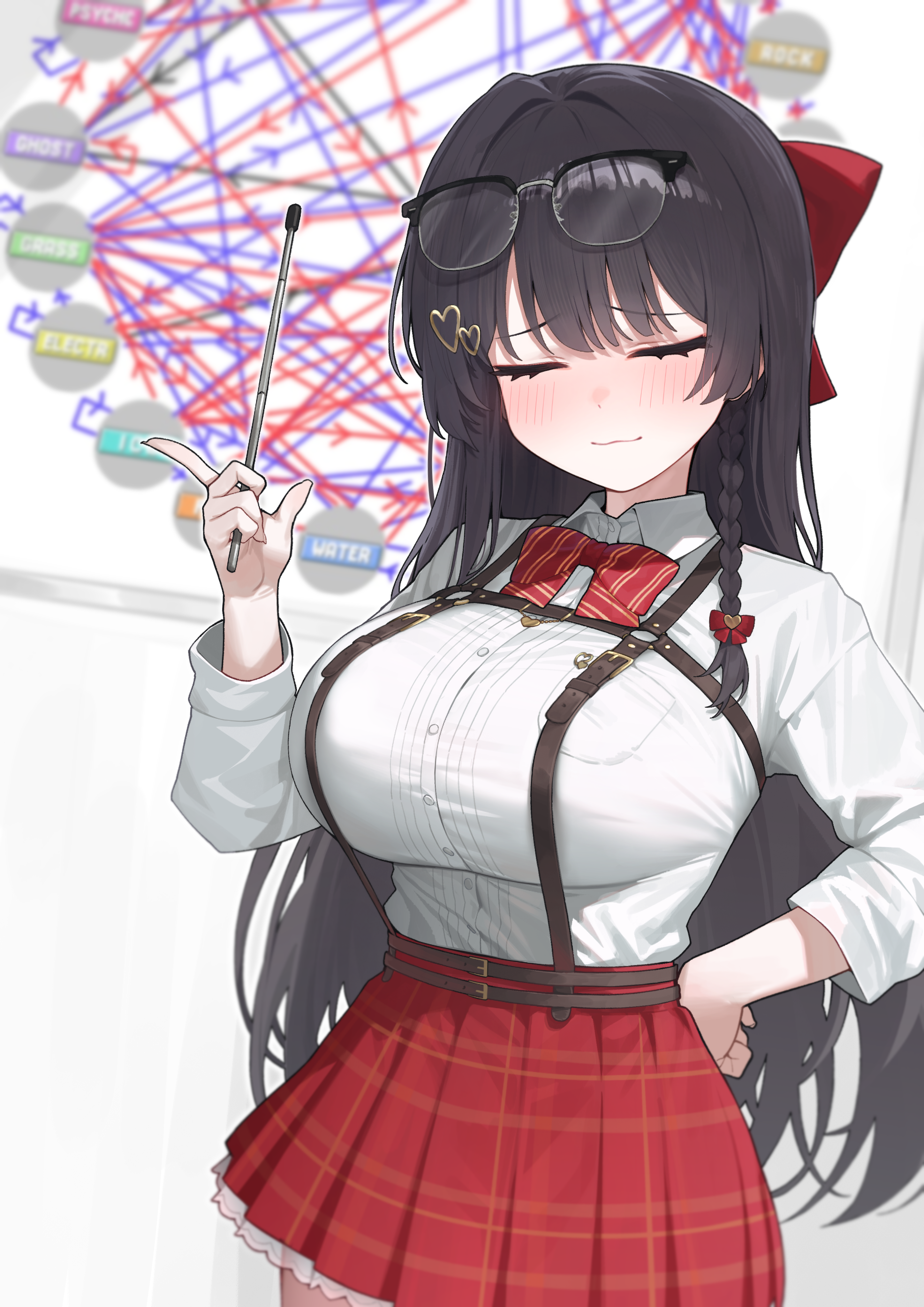 sangobob, shirayuki hina, nintendo, pokemon, stellive, absurdres, commentary request, highres, korean commentary, 1girl, :3, belt, black-framed eyewear, black hair, blush, bow, bowtie, braid, breast pocket, breasts, brown belt, buttons, chart, chest belt, chest harness, closed eyes, closed mouth, collared shirt, eyewear on head, facing viewer, hair bow, hair ornament, hand on own hip, hand up, harness, heart, heart hair ornament, high-waist skirt, holding, holding stick, large breasts, long hair, long sleeves, plaid clothes, plaid skirt, pocket, red bow, red bowtie, red skirt, shirt, shirt tucked in, simple background, single braid, skirt, solo, standing, stick, striped bow, thighs, three-quarter sleeves, very long hair, virtual youtuber, white background, white shirt